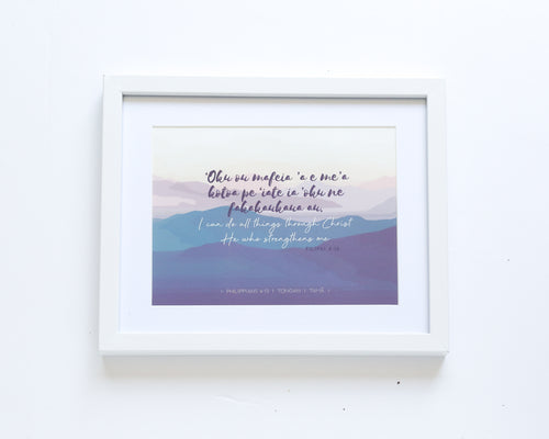 Philippians 4:13 - Tongan: I can do all things - Mountains (White) Table Top